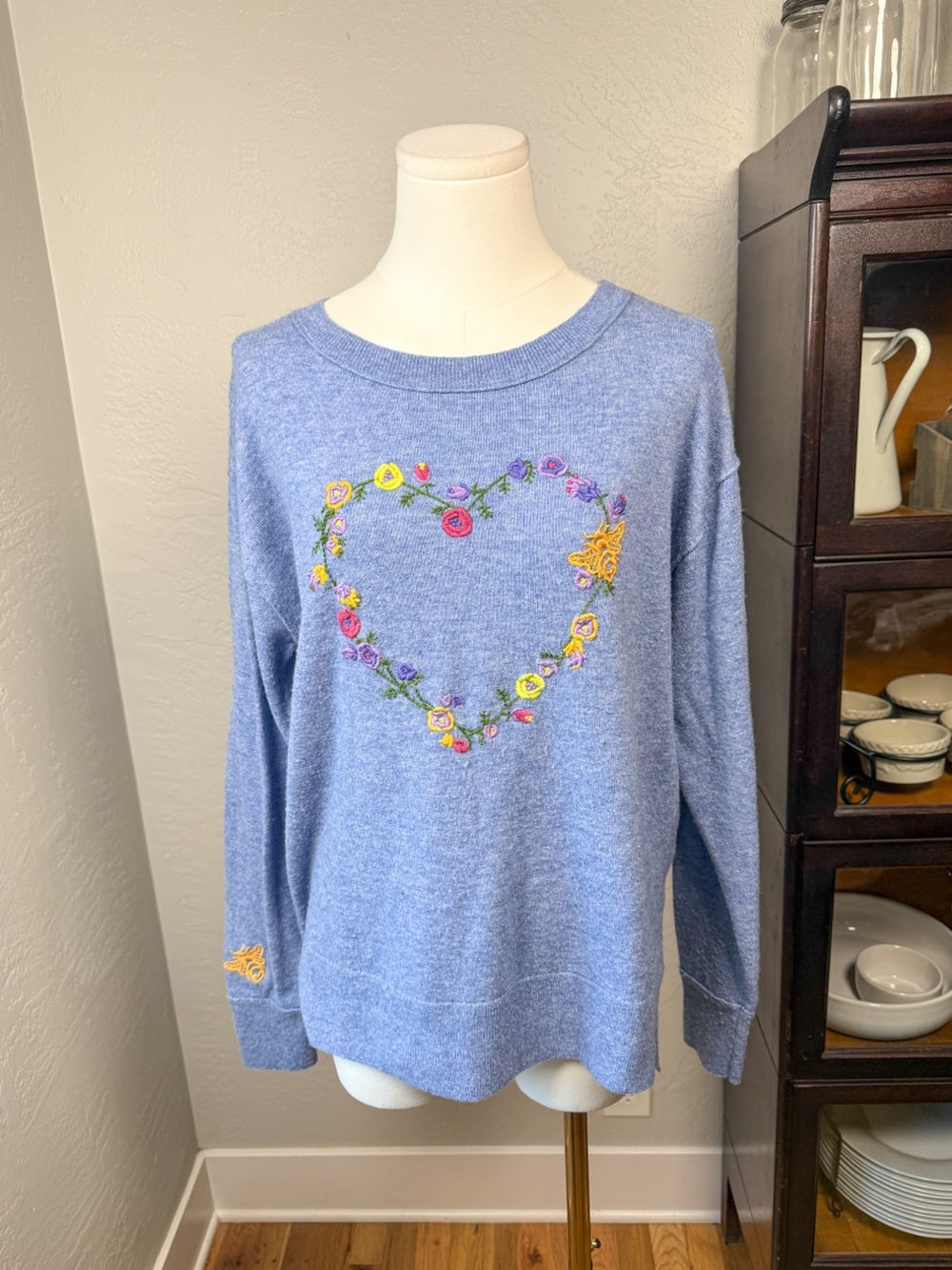 Sundance Blooming Love Heart Bee Embroidered Wool Blend Sweater Blue Size M